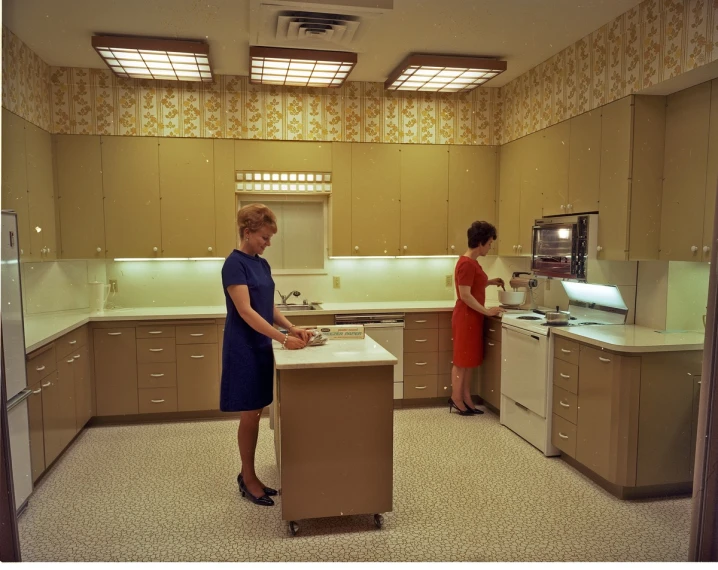 a couple of people stand in a kitchen