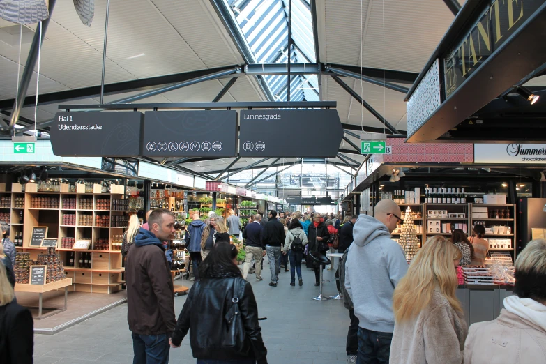 an indoor covered market with lots of people