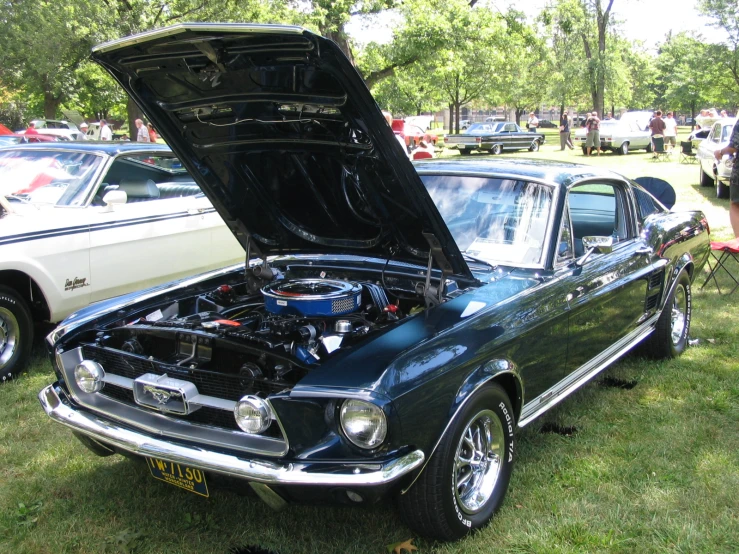 the old car is on display on the grass