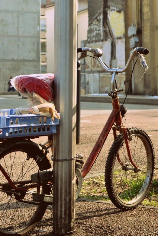 a red bike is  up near the street pole with a dog sitting in the basket