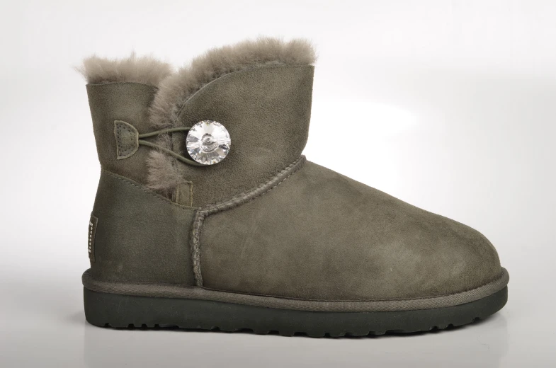 a pair of gray boots with fuzzy fur on them