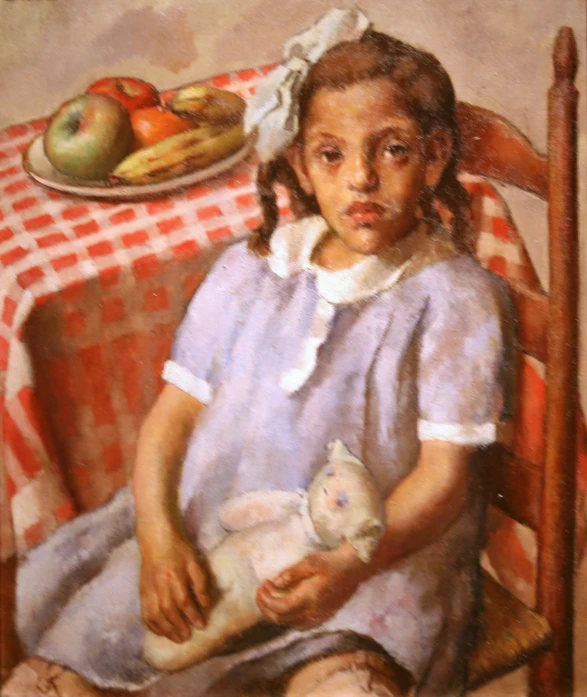 a painting depicting a little girl holding a cat and a plate of fruit