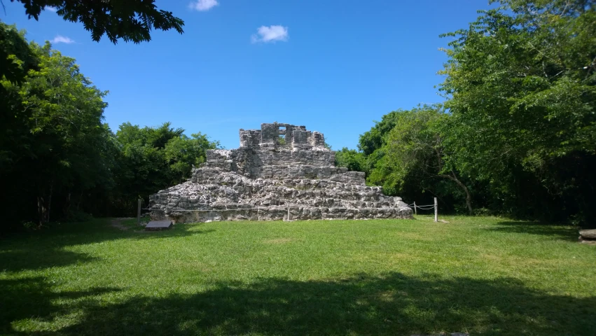 a very tall pyramid structure with many animals standing around it