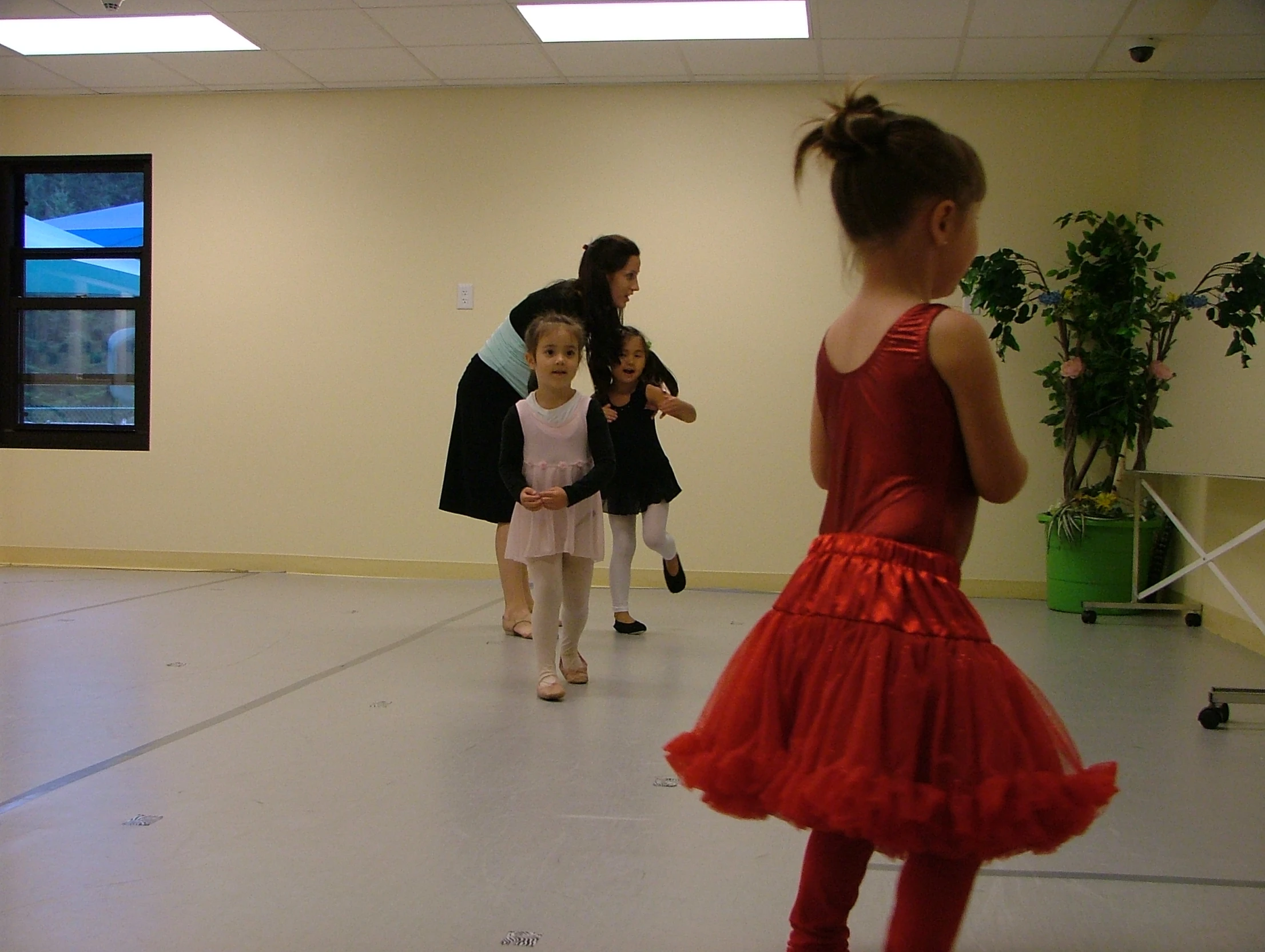 two little girls and a woman wearing dresses in a room