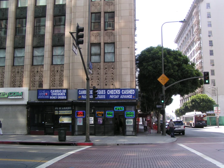 street corner with businesses and pedestrians on it