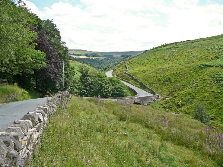 the street and roadway curves through some green hills