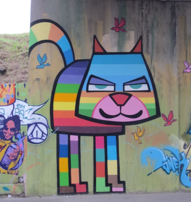 a graffit image of a cat with many colorful features