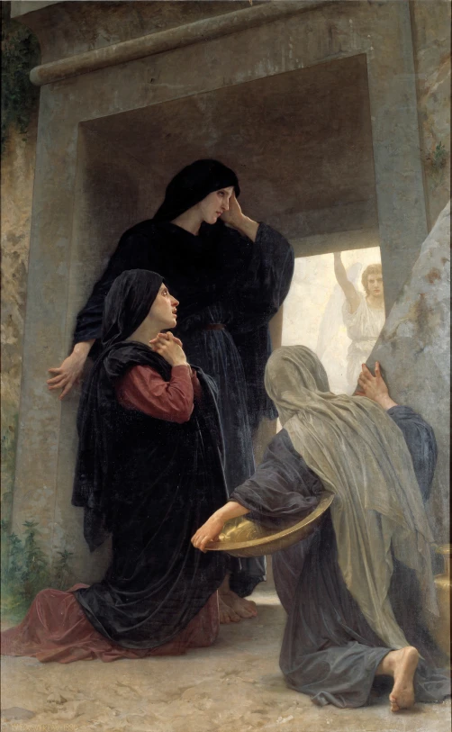 a painting depicting the three women talking to each other