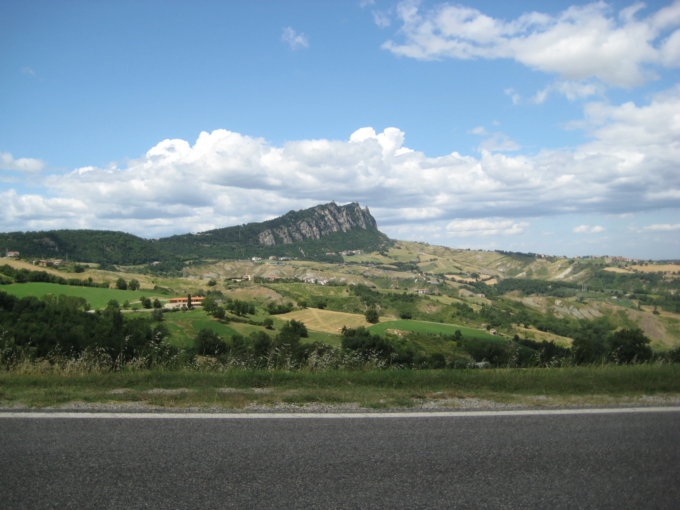 a green hillside and mountain with trees and grass