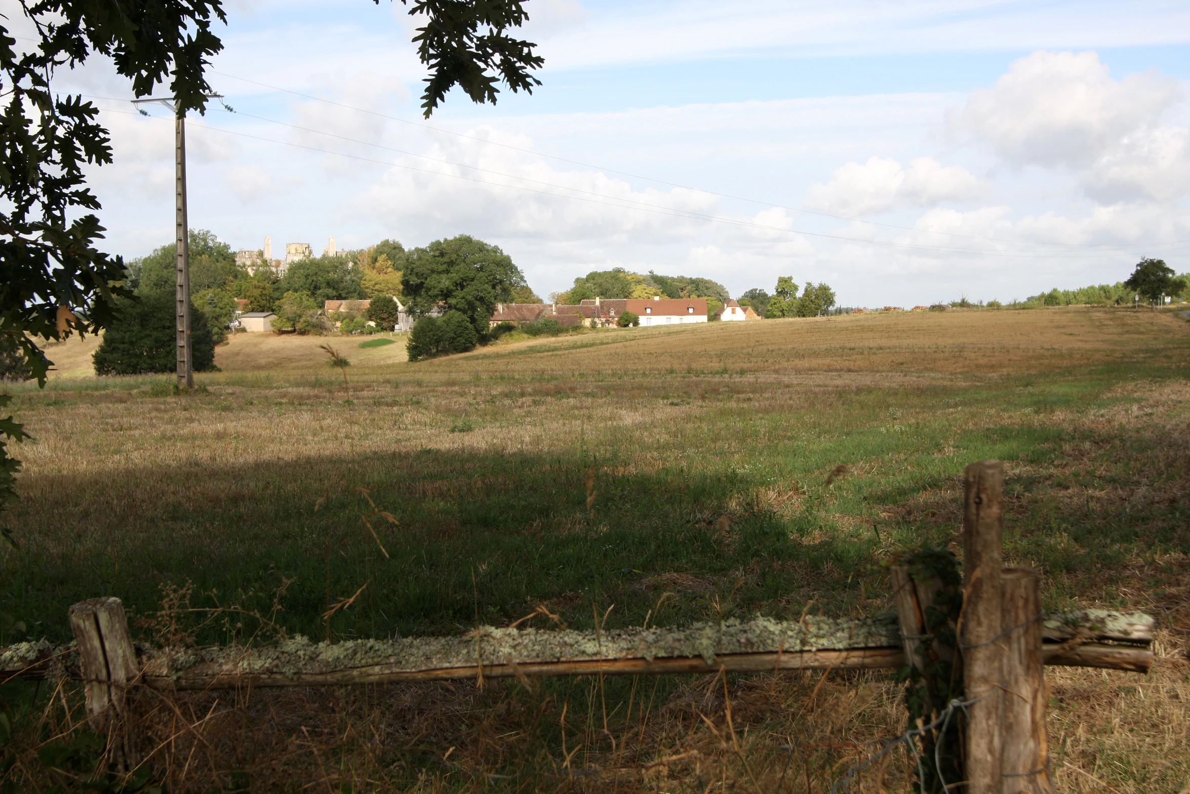 a field with houses and trees in the background