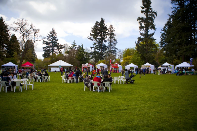 the lawn is covered in tents that hold people sitting and standing