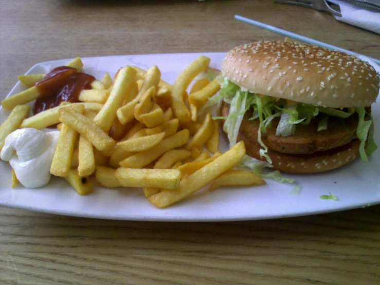 the plate contains a hamburger, fries and ketchup on the table