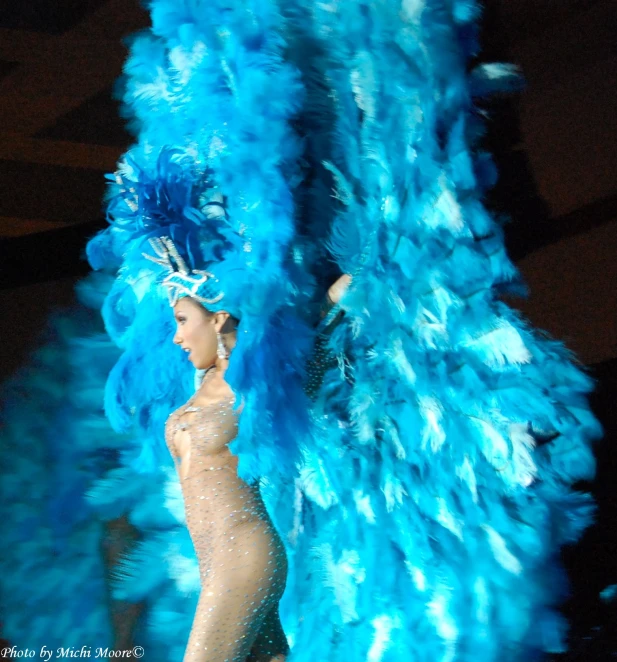 a woman in a dress is dancing with a blue feather costume