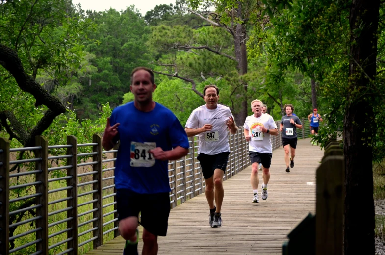 people running on a wooden bridge near a lake