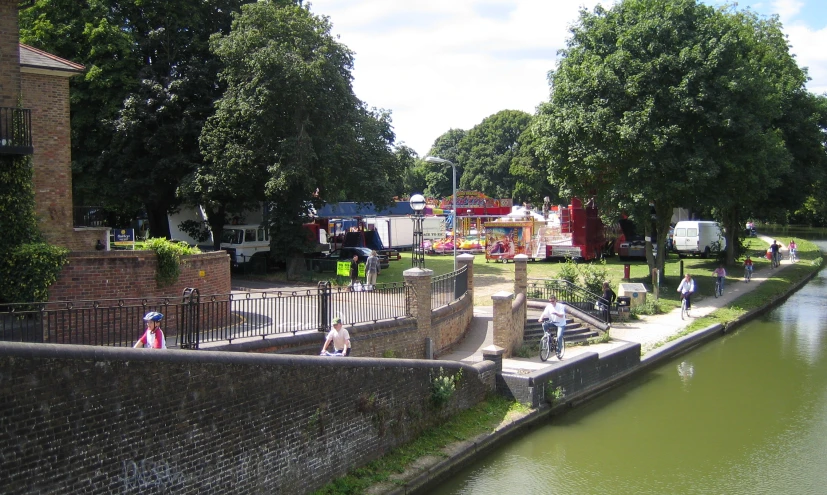 the amut park near a river is busy