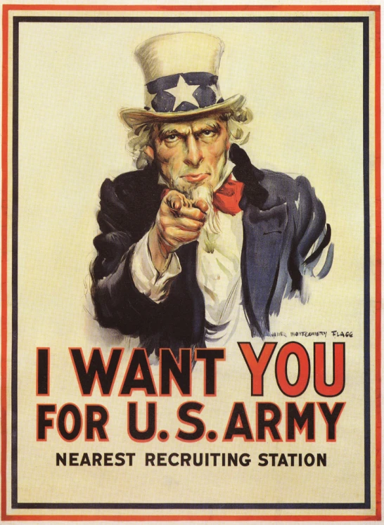 an old war poster shows a u s soldier aiming