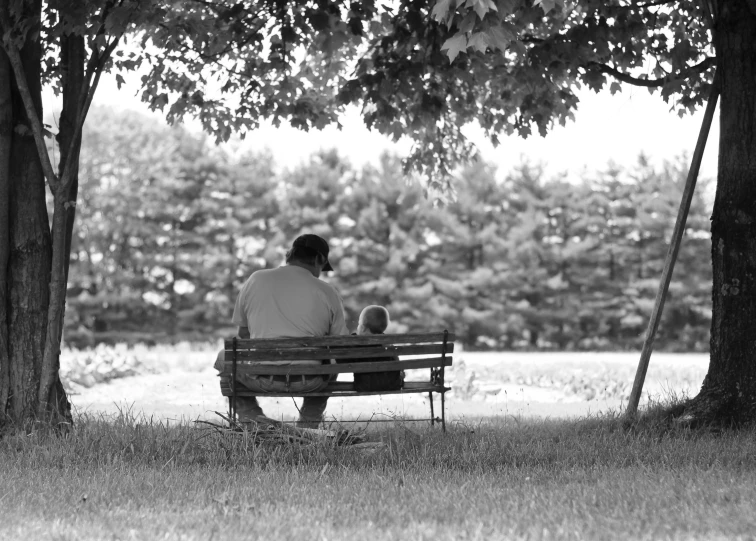 two people sitting on a park bench under a tree