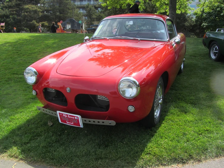 a red sports car parked in grass near trees