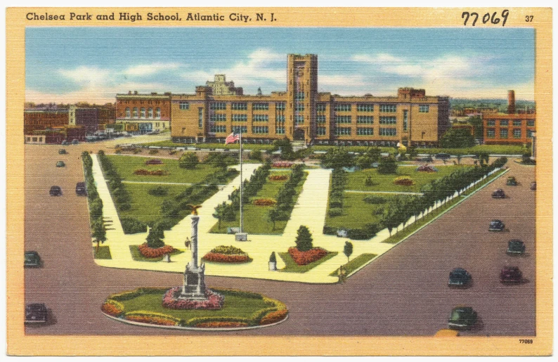 the city's historic liry on a postcard with lots of landscaping