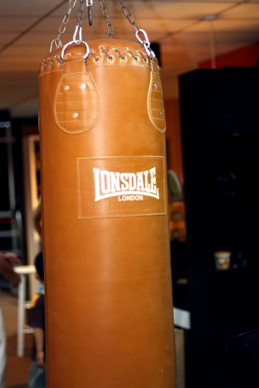 a pair of brown boxing bags with white print