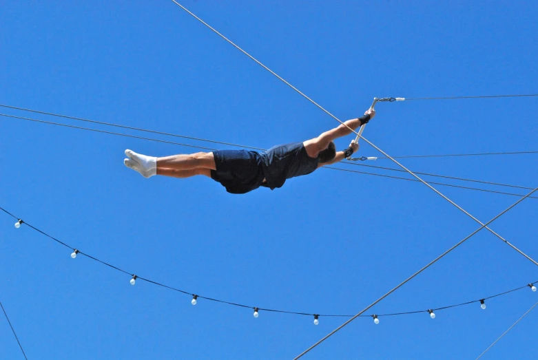 a person suspended above an electric line