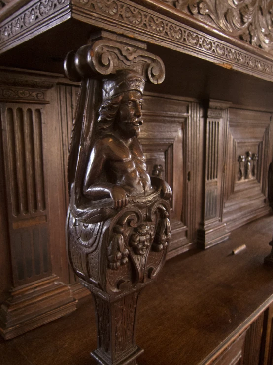 carved wooden wall shelves in a large room