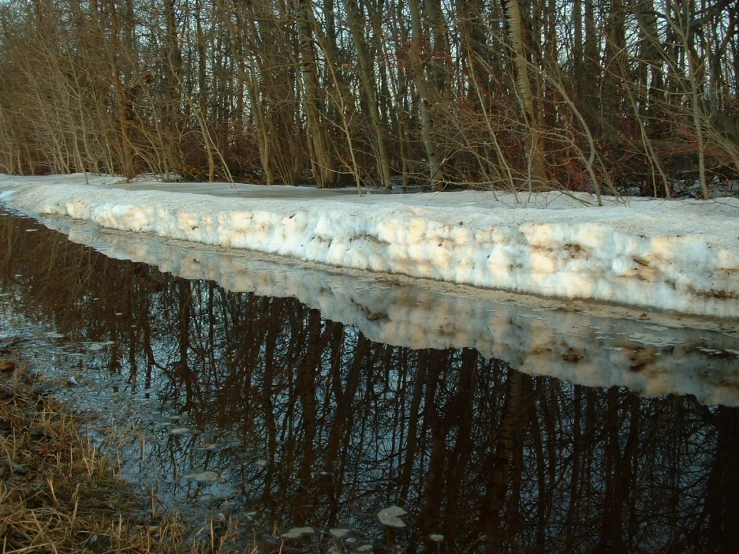 the body of water is surrounded by snow