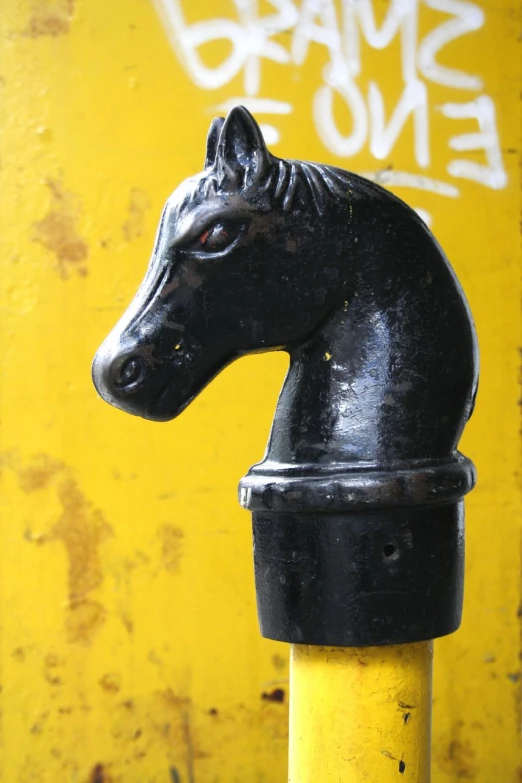 the head of a horse is on a yellow pole