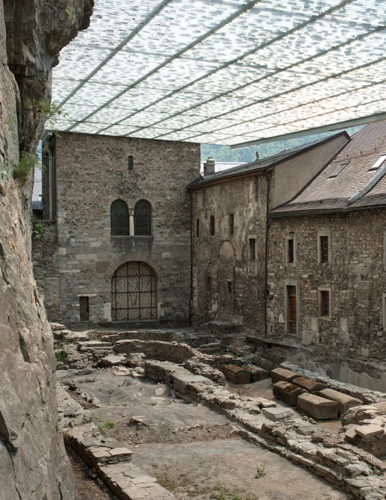 some buildings in an old village with no windows