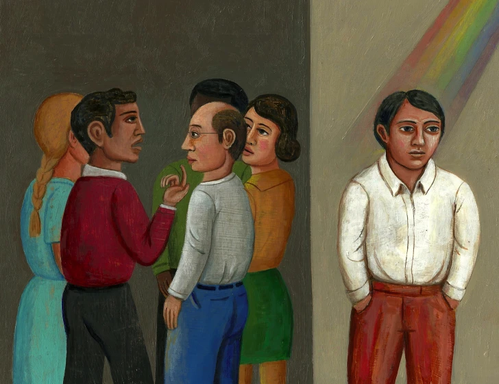 a painting of men and women standing together