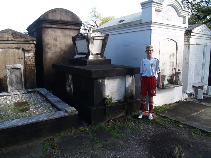 a person standing in front of some graves