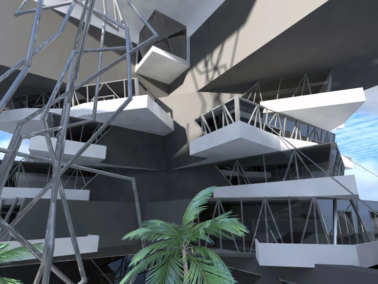 the modern design shows a palm tree and staircases