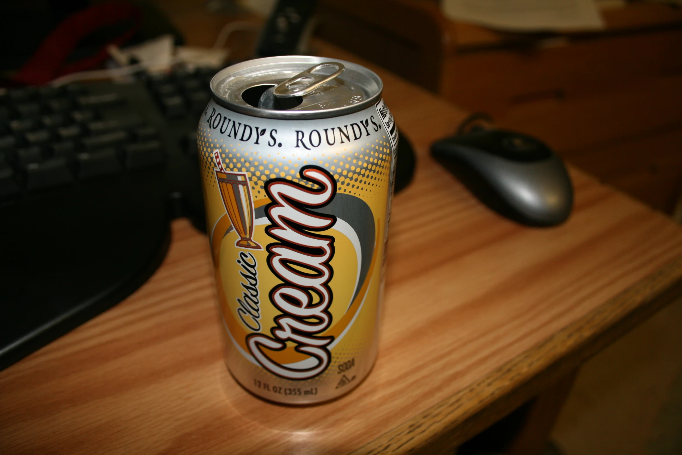 a close up of a can on a desk