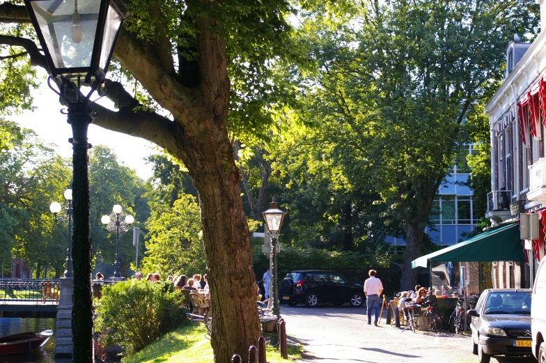 people are walking down a leafy sidewalk near a street