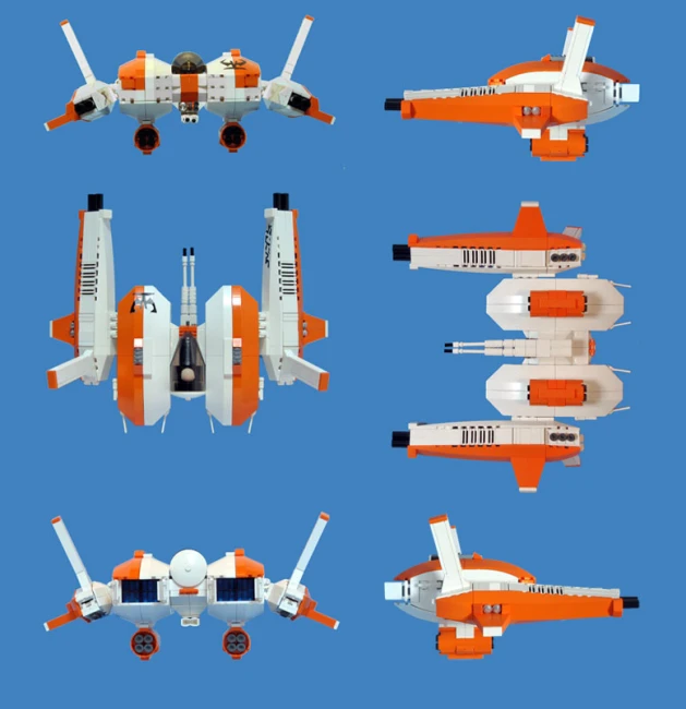 orange and white space ship models on blue background