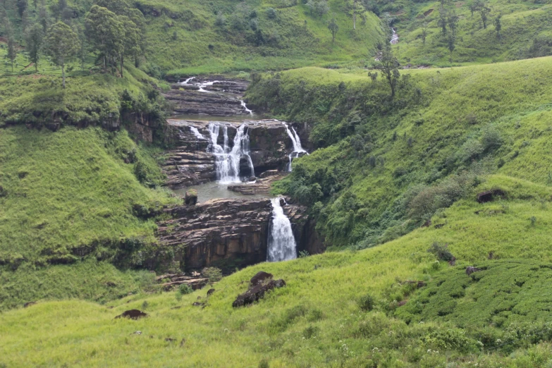 a waterfall is near the mountainside on the grass