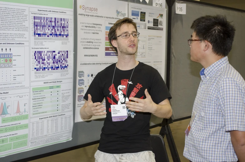 two men standing by a large poster with the names of different kinds of papers