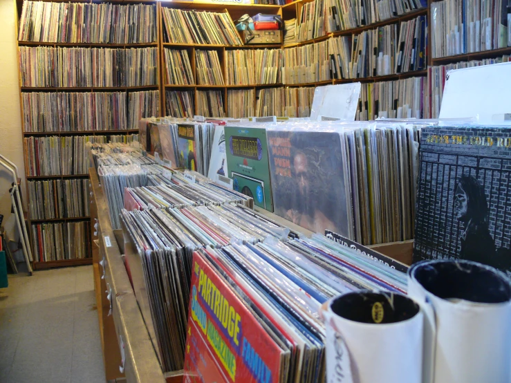 an array of records are sitting on shelves