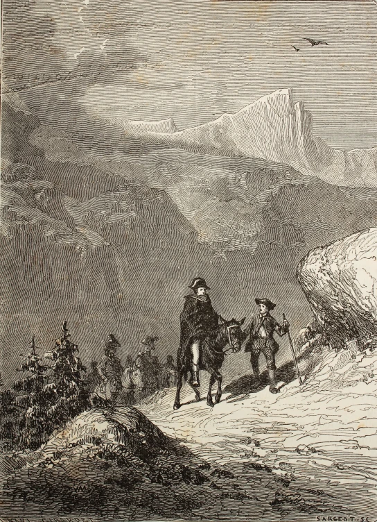 a black and white image of people on horses in a rocky landscape