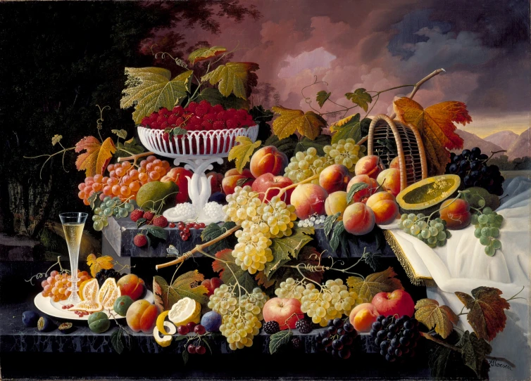 a painting with fruit and a basket on it