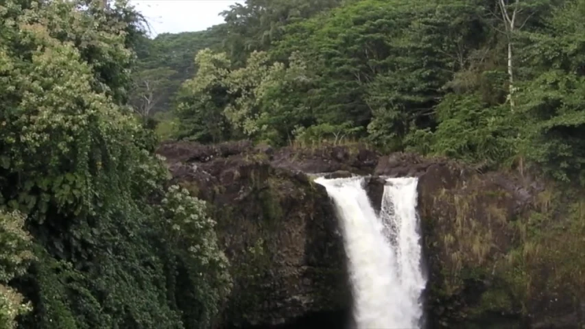 a waterfall with water tumbling out of it in the jungle