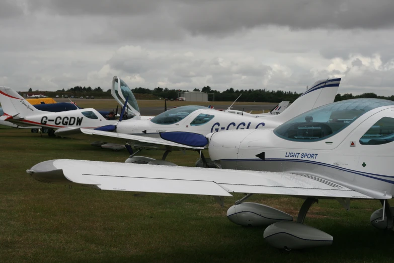 a bunch of small planes parked on the grass