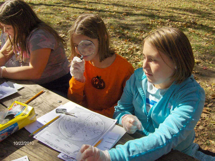 two girls looking through magnifying glass at paper