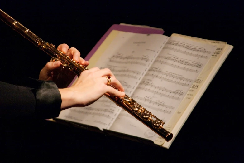 a person playing the recorder with an open book behind them