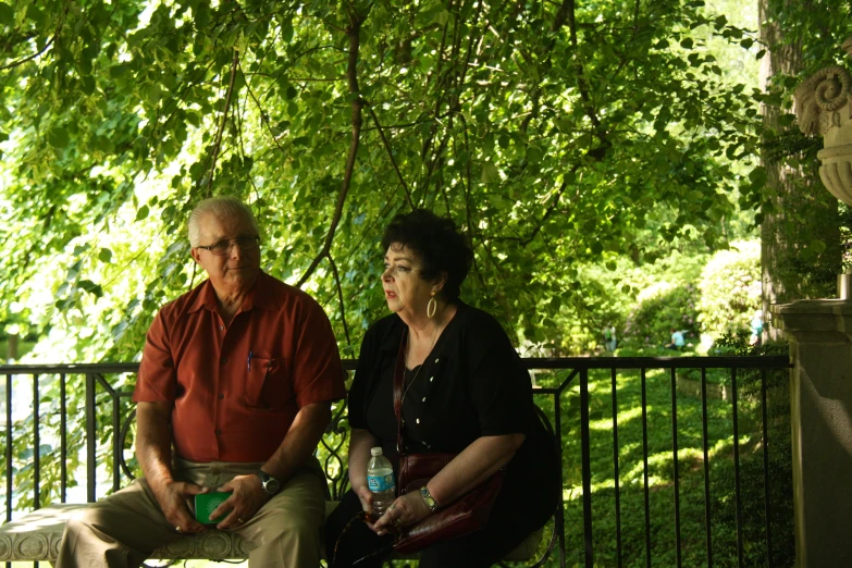 an older couple sit on a park bench in the shade