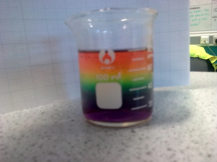 a multicolored beaker sitting on top of a counter