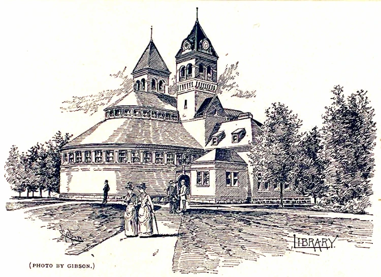 sketch of church with two people walking in front