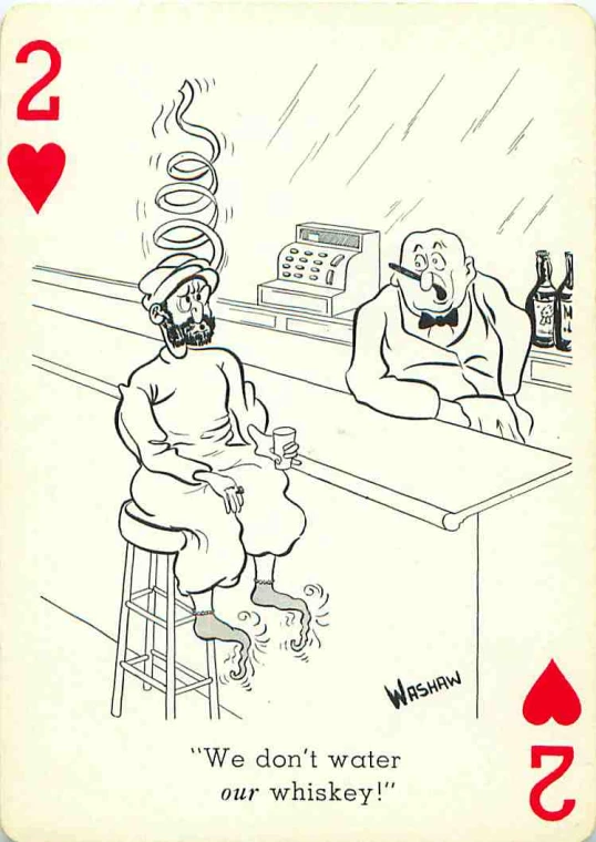 a cartoon card has two people sitting at a bar