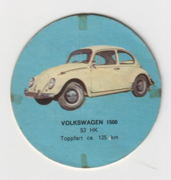 a blue and yellow on with a picture of a volkswagen parked in the street