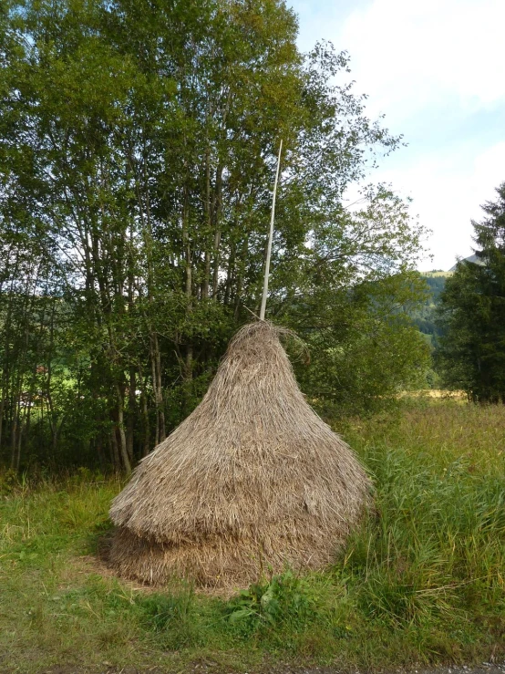 the big round hay pile sits alone in the grass